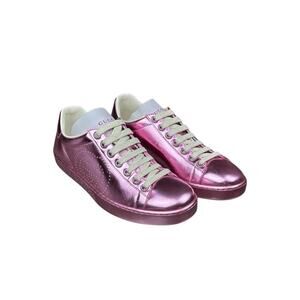 Gucci Pink Rosa Metallic Interlocking GG Leather Ace Sneakers Size 34.5 Ret $690